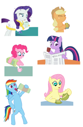 Size: 900x1374 | Tagged: safe, artist:digitaldasherbot, derpibooru import, applejack, fluttershy, pinkie pie, rainbow dash, rarity, twilight sparkle, earth pony, pegasus, pony, unicorn, bathrobe, clothes, coffee, mane six, morning, morning ponies, newspaper, robe, sugar (food), tea, teapot