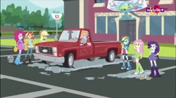 Size: 1283x717 | Tagged: safe, derpibooru import, screencap, applejack, big macintosh, fluttershy, pinkie pie, rainbow dash, rarity, sunset shimmer, dance magic, equestria girls, spoiler:eqg specials, car wash, pickup truck, teletoon