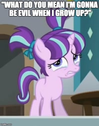 Size: 456x580 | Tagged: safe, starlight glimmer, pony, unicorn, the cutie re-mark, filly, image macro, meme, sad, sad face, sadlight glimmer, this will end in tears and/or death, younger