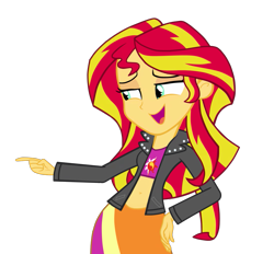 Size: 927x861 | Tagged: safe, artist:destinyshirshuxd, artist:ponyalfonso, edit, sunset shimmer, equestria girls, belly button, midriff, open mouth, pointing, simple background, solo, transparent background, vector