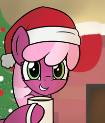 Size: 1667x1949 | Tagged: safe, artist:czu, cheerilee, cheeribetes, chocolate, christmas, christmas stocking, cute, food, hat, holiday, hot chocolate, santa hat, smiling, solo