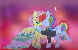 Size: 800x519 | Tagged: safe, artist:blynxee, derpibooru import, fluttershy, rainbow dash, pegasus, pony, clothes, dress, female, flutterdash, hoof on chin, lesbian, marriage, shipping, wedding, wingding eyes