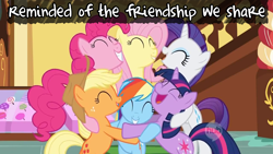 Size: 1280x720 | Tagged: safe, artist:redrovershideaway, derpibooru import, edit, applejack, fluttershy, pinkie pie, rainbow dash, rarity, twilight sparkle, earth pony, pegasus, pony, unicorn, friendship is still magic, group hug, heartwarming, hug, mane six, text