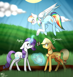 Size: 1024x1073 | Tagged: safe, artist:velvetyvictory, derpibooru import, applejack, rainbow dash, rarity, earth pony, pegasus, pony, unicorn, colored pupils, female, flying, hypnosis, levitation, magic, mare, pendulum swing, personality swap, pocket watch, prank, signature, telekinesis