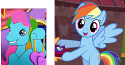 Size: 952x500 | Tagged: safe, derpibooru import, rainbow dash, rainbow dash (g3), scootaloo, pony, dancing in the clouds, g3, cropped, dexterous hooves, gameloft, generational ponidox, has science gone too far?, self ponidox, what has science done