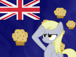 Size: 1024x768 | Tagged: safe, derpy hooves, pegasus, pony, australia, female, flag, mare, muffin, rainbow dash salutes, salute, solo, union jack