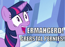 Size: 990x720 | Tagged: safe, derpibooru import, edit, edited screencap, screencap, twilight sparkle, the crystal empire, caption, crystal empire, ermahgerd, image macro, meme, solo, stairs