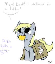 Size: 500x580 | Tagged: source needed, safe, artist:tigs, derpy hooves, cute, derpabetes, filly, mailpony, mouth hold, orange, underp