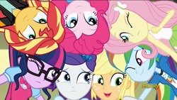 Size: 1920x1080 | Tagged: safe, derpibooru import, screencap, applejack, fluttershy, pinkie pie, rainbow dash, rarity, sci-twi, sunset shimmer, twilight sparkle, dance magic, equestria girls, spoiler:eqg specials, cute, dashabetes, diapinkes, huddle, humane five, humane seven, humane six, jackabetes, one eye closed, raribetes, shimmerbetes, shyabetes, teletoon, twiabetes, wink