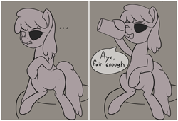 Size: 4189x2866 | Tagged: safe, artist:czu, berry punch, berryshine, earth pony, pony, ..., /mlp/, 4chan, alcohol, bottle, drawthread, drinking, eyepatch, meme, monochrome, okay, ponified, ponified meme, satisfied, solo, speech bubble, speechless, team fortress 2, text