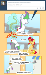 Size: 813x1304 | Tagged: safe, artist:miroslav46, sunset shimmer, oc, pony, ask, hogtied, rope, sunset shimmer hates you, suspended, tumblr