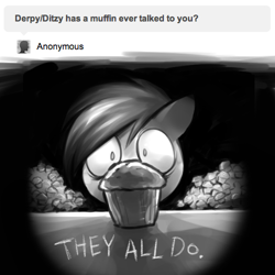 Size: 500x500 | Tagged: safe, derpy hooves, pegasus, pony, ask, ask derpy, female, madness, mare, monochrome, muffin, underp