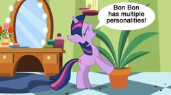 Size: 854x475 | Tagged: safe, derpibooru import, edit, edited screencap, screencap, twilight sparkle, green isn't your color, exploitable meme, forced meme, foreshadowing, hilarious in hindsight, implied bon bon, meme, potted plant, secret pot meme, solo, speech bubble