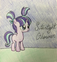 Size: 2424x2631 | Tagged: safe, artist:darkest-lunar-flower, starlight glimmer, pony, female, filly, filly starlight glimmer, pigtails, smiling, solo, traditional art, younger