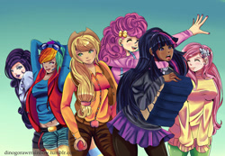 Size: 1280x886 | Tagged: safe, artist:dinogorawrrainbow, derpibooru import, applejack, fluttershy, pinkie pie, rainbow dash, rarity, twilight sparkle, apple, breasts, clothes, dark skin, hootershy, humanized, light skin, mane six, moderate dark skin, rainboob dash, sweater, sweatershy