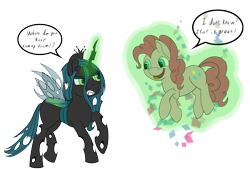 Size: 2039x1378 | Tagged: safe, artist:lula-moonarts, pinkie pie, queen chrysalis, changeling, changeling queen, earth pony, pony, glowing horn, magic, telekinesis