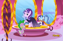 Size: 1700x1119 | Tagged: safe, edit, screencap, rarity, spike, starlight glimmer, dragon, pony, unicorn, the cutie re-mark, bedroom eyes, carousel boutique, clothes, cuckolding, discovery family logo, dress, female, glasses, hundreds of users filter this tag, love triangle, male, mirror, netorarity, shipping, sparlight, straight, text, this will end in tears, wedding dress, wedding ring, when you see it