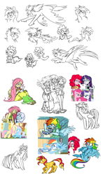 Size: 2000x3461 | Tagged: safe, artist:xenon, angel bunny, fluttershy, linky, pinkie pie, rainbow dash, rarity, shoeshine, spike, sunset shimmer, twilight sparkle, twilight sparkle (alicorn), alicorn, human, pony, carrot, horned humanization, humanized, scene interpretation, sketch dump, winged humanization