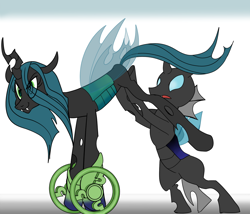 Size: 1000x857 | Tagged: safe, artist:klondike, queen chrysalis, changeling, changeling queen, guardians of harmony, hasbro, that was fast, toy interpretation, wheel, wheelbarrow