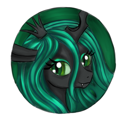 Size: 1204x1182 | Tagged: safe, artist:kassberke, queen chrysalis, changeling, changeling queen, badge, bust, female, looking at you, portrait, smiling, solo