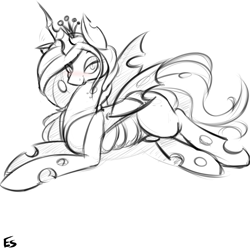 Size: 900x900 | Tagged: safe, artist:asadama, queen chrysalis, changeling, changeling queen, blushing, female, lineart, monochrome, sketch, solo