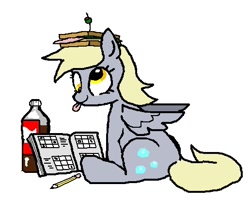 Size: 516x418 | Tagged: safe, artist:trackpad mcderp, derpy hooves, pegasus, pony, book, female, mare, pencil, sandwich, soda