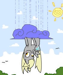 Size: 874x1039 | Tagged: safe, artist:trackpad mcderp, derpy hooves, pegasus, pony, cloud, cloudy, female, mare, rain, upside down