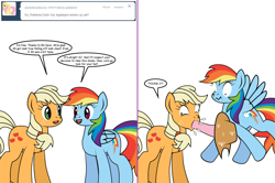 Size: 1204x800 | Tagged: safe, artist:dekomaru, derpibooru import, applejack, pinkie pie, rainbow dash, earth pony, pegasus, pony, appledash, applejack's hat, ask, cowboy hat, female, hat, lesbian, misleading thumbnail, pinkie being pinkie, pinkie physics, shipping, tumblr, tumblr:ask twixie, wat