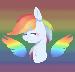 Size: 2512x2430 | Tagged: safe, artist:cloudyhills, derpibooru import, rainbow dash, pegasus, pony, colored wings, gritted teeth, multicolored wings, rainbow, rainbow background, rainbow wings, smiling, solo, wings