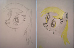 Size: 914x596 | Tagged: safe, derpy hooves, pegasus, pony, before and after, female, mare, scrunchy face, solo, traditional art