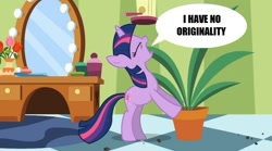 Size: 854x475 | Tagged: safe, derpibooru import, edit, edited screencap, screencap, twilight sparkle, pony, green isn't your color, exploitable meme, forced meme, meme, potted plant, secret pot meme, solo, speech bubble