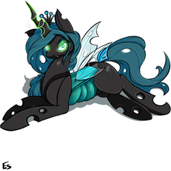 Size: 1200x1200 | Tagged: safe, artist:asadama, queen chrysalis, changeling, changeling queen, bedroom eyes, blushing, colored, female, floppy ears, magic, mare, prone, seductive, simple background, solo