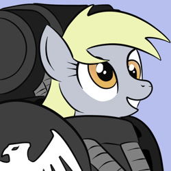 Size: 659x659 | Tagged: safe, artist:darkhestur, derpy hooves, pegasus, pony, female, mare, power armor, powered exoskeleton, raven guard, solo, space marine, warhammer (game), warhammer 40k