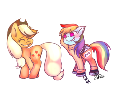 Size: 2000x1500 | Tagged: safe, artist:tomatoesforlife, derpibooru import, applejack, rainbow dash, earth pony, pegasus, pony, blushing, bound wings, chains, clothes, cuffs, embarrassed, prison outfit, prisoner rd, shackles, smiling