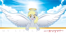 Size: 2540x1270 | Tagged: safe, artist:bunnyfriend, derpy hooves, angel, pegasus, pony, beautiful, derpygate, female, halo, mare, solo