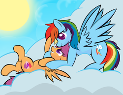 Size: 3300x2550 | Tagged: safe, artist:skyflys, derpibooru import, rainbow dash, scootaloo, pegasus, pony, cloud, cute, cutealoo, dashabetes, duo, female, filly, gritted teeth, happy, hug, looking at each other, looking down, looking up, mare, on back, prone, scootalove, side view, smiling, snuggling, spread wings, sun, wings