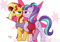 Size: 2000x1409 | Tagged: safe, artist:haiyecuiyi, starlight glimmer, sunset shimmer, pony, unicorn, clothes, implied sunsetsparkle, implied twistarlight, raised hoof, rivalry, shirt