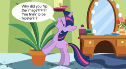 Size: 854x468 | Tagged: safe, derpibooru import, edit, edited screencap, screencap, twilight sparkle, pony, green isn't your color, exploitable meme, hipster, meme, meta, mirrored, potted plant, secret pot meme, solo, speech bubble