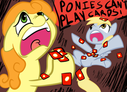 Size: 2338x1700 | Tagged: safe, artist:rustydooks, artist:tess, carrot top, derpy hooves, golden harvest, pegasus, pony, card, card games, dialogue, female, mare, ponies can't play cards