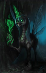 Size: 1860x2976 | Tagged: safe, artist:bluespaceling, queen chrysalis, changeling, changeling queen, cave, female, grin, heart, magic, raised hoof, sharp teeth, solo