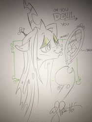 Size: 1024x1365 | Tagged: safe, artist:andypriceart, queen chrysalis, changeling, changeling queen, broken mirror, mirror, monochrome, narcissism, solo, traditional art