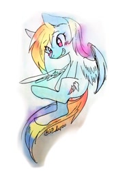 Size: 816x1200 | Tagged: safe, artist:kyubi, derpibooru import, rainbow dash, pegasus, pony, blushing, simple background, solo, white background