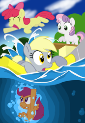 Size: 758x1095 | Tagged: safe, artist:shutterflye, apple bloom, derpy hooves, scootaloo, sweetie belle, pegasus, pony, cutie mark crusaders, female, floaty, mare, swimming, swimming pool