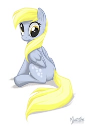 Size: 762x1117 | Tagged: safe, artist:mysticalpha, derpy hooves, pegasus, pony, female, looking at you, looking back, mare, sitting