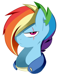 Size: 581x749 | Tagged: safe, artist:chub-wub, derpibooru import, rainbow dash, pegasus, pony, alternate hairstyle, alternate timeline, apocalypse dash, bust, crystal war timeline, eye scar, female, hair over one eye, mare, scar, simple background, solo, transparent background