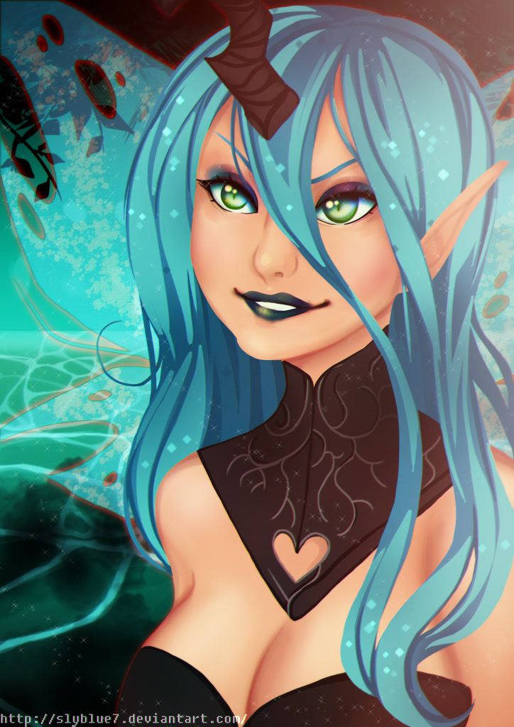 727799 Suggestive Artist Slyblue7 Queen Chrysalis Human Breasts Cleavage Female Horned