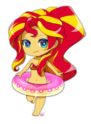 Size: 1611x2188 | Tagged: safe, artist:choco-cocco, sunset shimmer, equestria girls, belly button, bikini, chibi, cleavage, clothes, cute, female, floaty, inner tube, shimmerbetes, solo, swimsuit