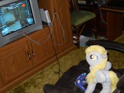 Size: 600x450 | Tagged: safe, artist:eratosofcyrene, derpy hooves, pegasus, pony, female, gamecube, irl, mare, metroid, metroid prime, photo, plushie, samus aran, video game, wii