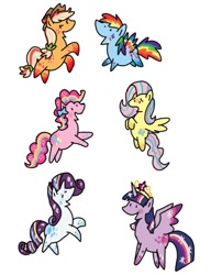 Size: 400x520 | Tagged: safe, artist:kushina13, derpibooru import, applejack, fluttershy, pinkie pie, rainbow dash, rarity, twilight sparkle, twilight sparkle (alicorn), alicorn, earth pony, pegasus, pony, unicorn, colored wings, female, mane six, mare, multicolored wings, naname pony, pixiv, rainbow power, rainbow wings