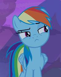 Size: 750x950 | Tagged: safe, derpibooru import, screencap, rainbow dash, pegasus, pony, not asking for trouble, cropped, lidded eyes, solo, unamused